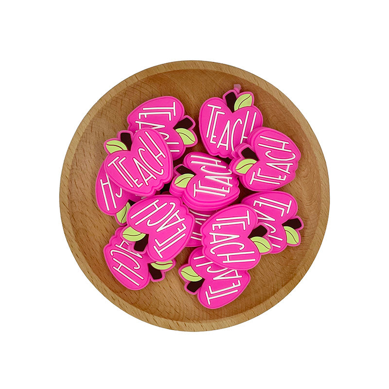 Silicone Focal Beads Apple TEACH Lettered Front Facing 20pcs 9