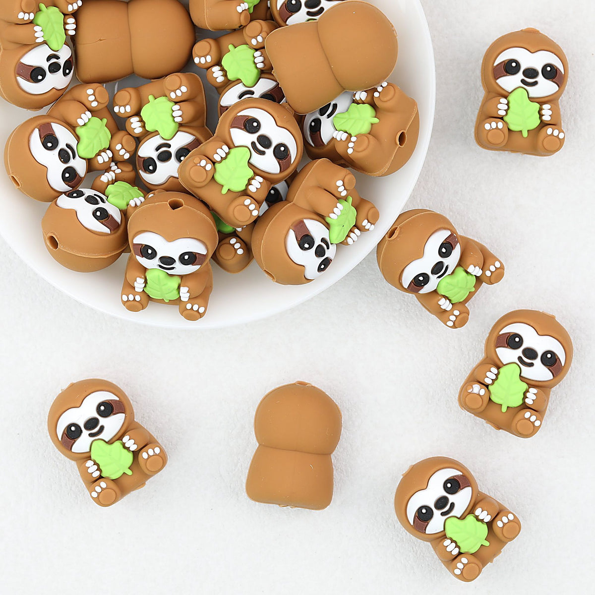3D Sloth Silicone Focal Beads with Green Leaf 20pcs