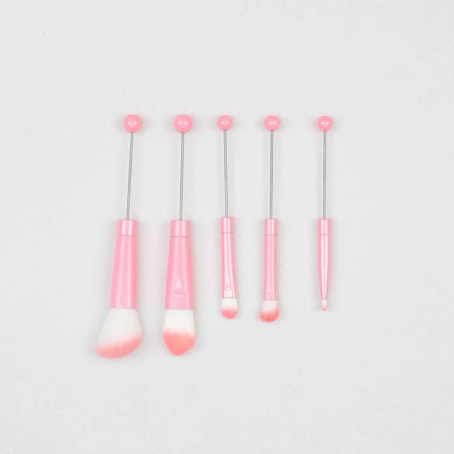 Beadable Makeup Brush Set Metal Handle Artificial Fiber Bristles 5pcs - Pink