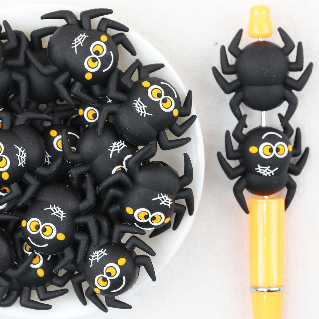 3D Black Spider Silicone Focal Beads Wholesale, Halloween Yellow-Eyed Design