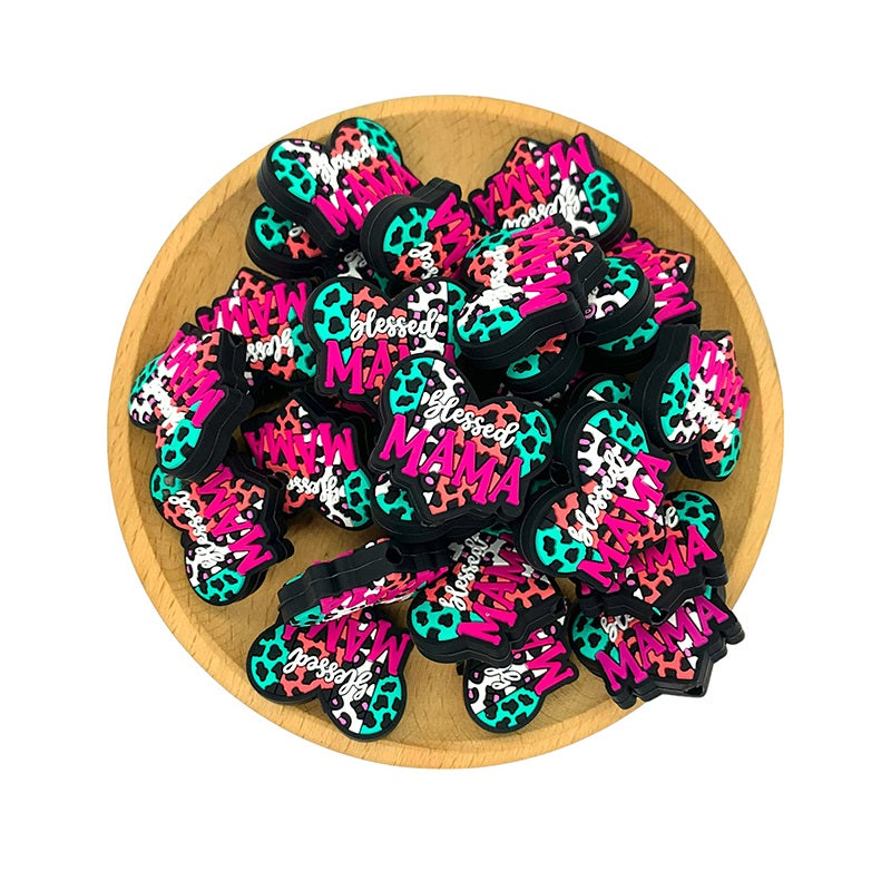 Silicone Focal Beads Heart Blessed Mama Leopard Print Colorful 20pcs 2