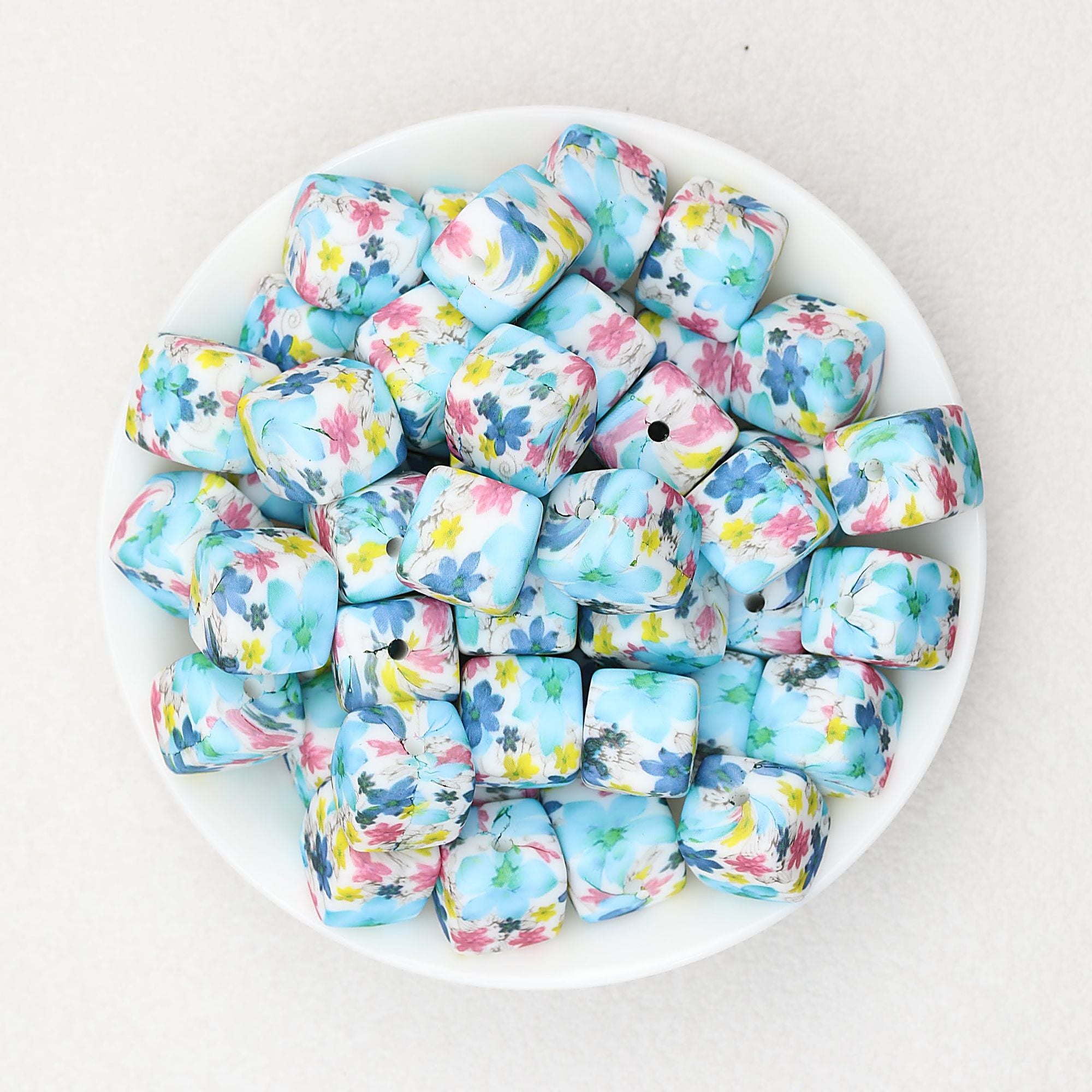 Floral Pattern 13.5mm Square Silicone Beads Printed Design 50pcs - Style 2
