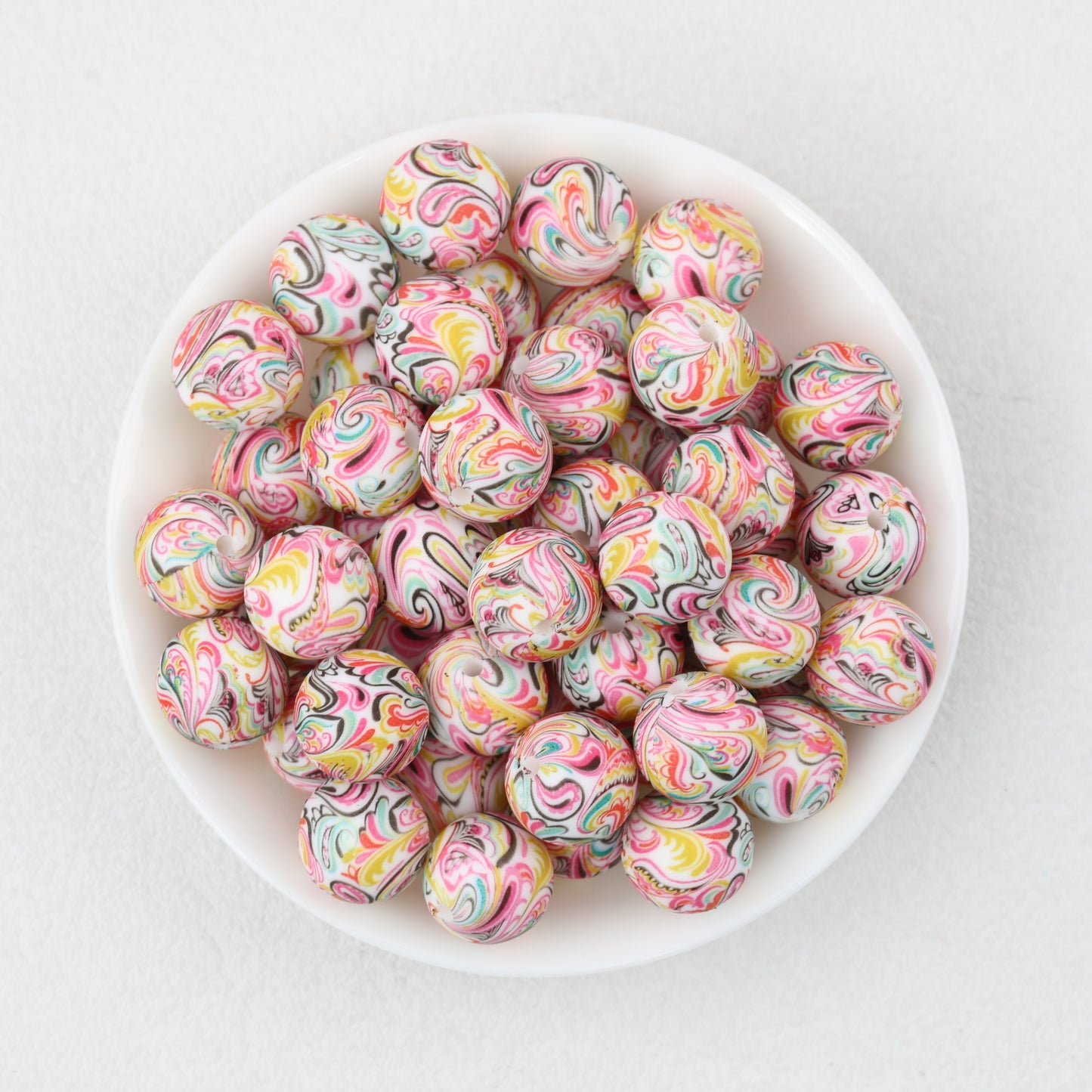 15mm Patterned Printed Silicone Round Beads Bright Colors 50pcs 7