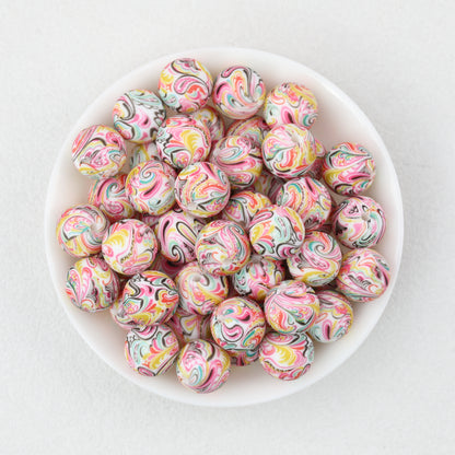 15mm Patterned Printed Silicone Round Beads Bright Colors 50pcs 7