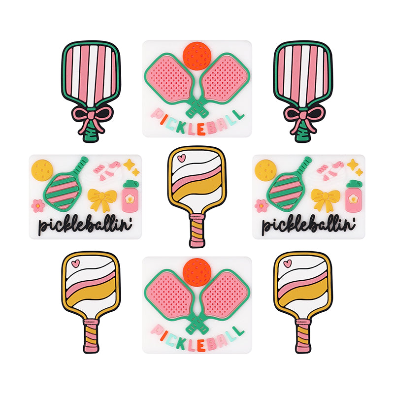 Silicone Focal Beads Pickball Theme Playful Paddles Pastel Colors 20pcs