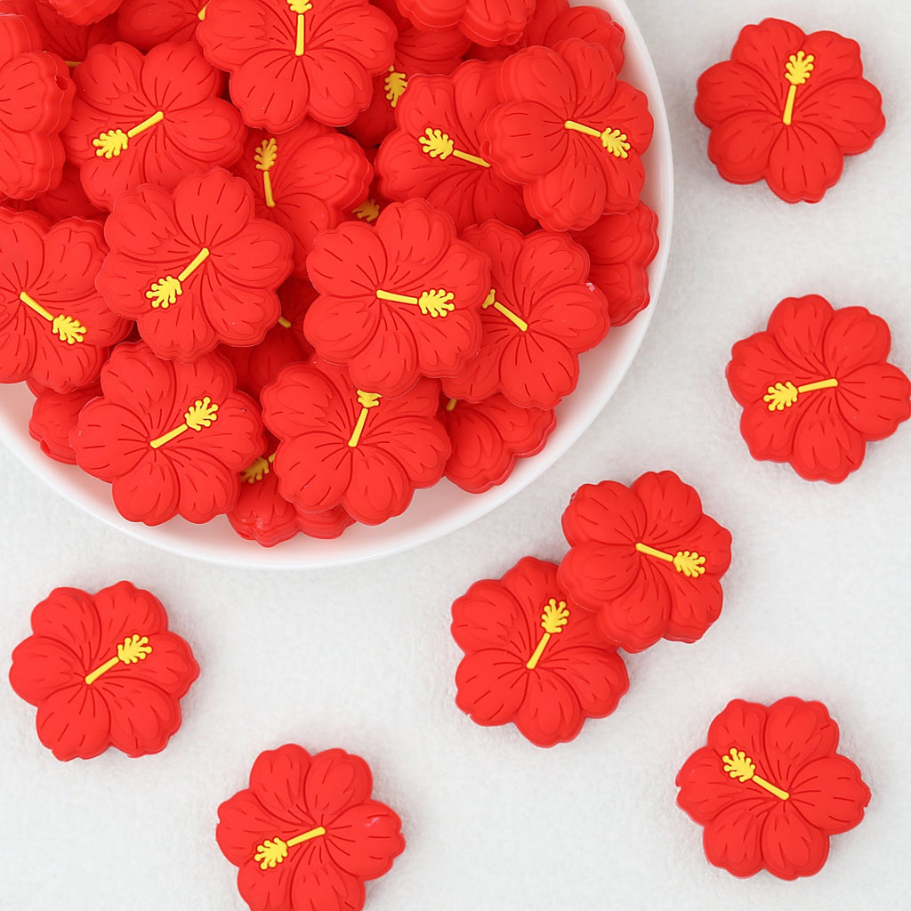 Deep Red Silicone Hibiscus Flower Focal Beads 20pcs
