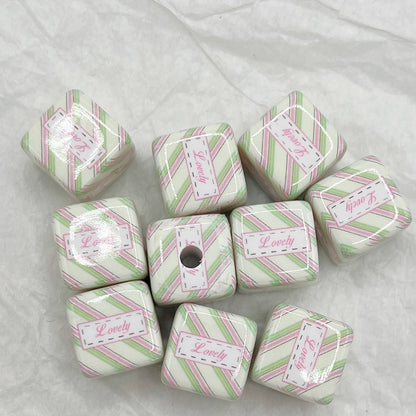 Printed Square Acrylic Beads 14mm Fresh Pink Tone 10pcs 11