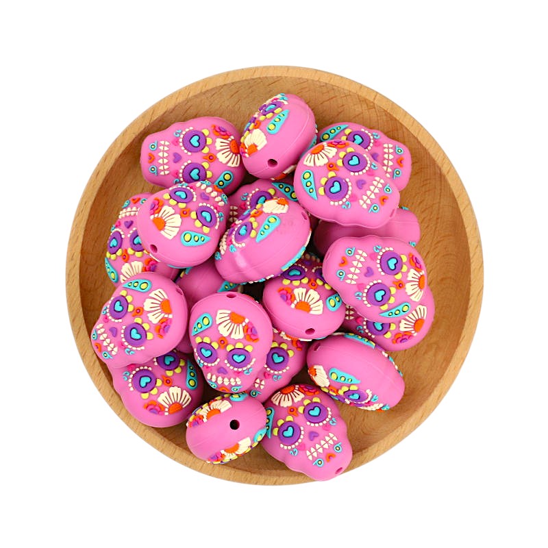 Silicone 3D Focal Beads Halloween Pink Skull Heart Eyes Layered Flowers 20pcs 3