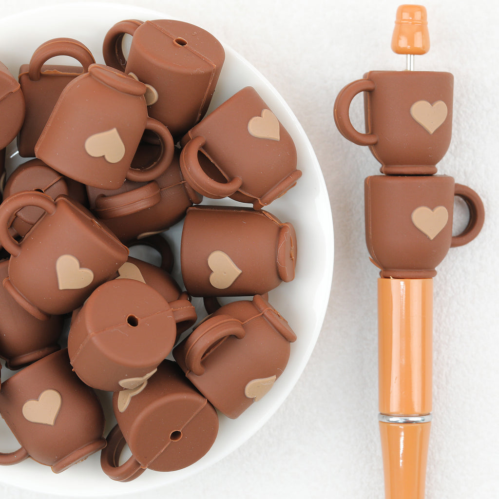  3D Deep Brown Heart Coffee Cup Silicone Focal Beads 20Pcs