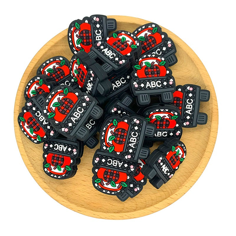 Silicone Focal Beads ABC Apple Car Circle Badge Front View 20pcs 2