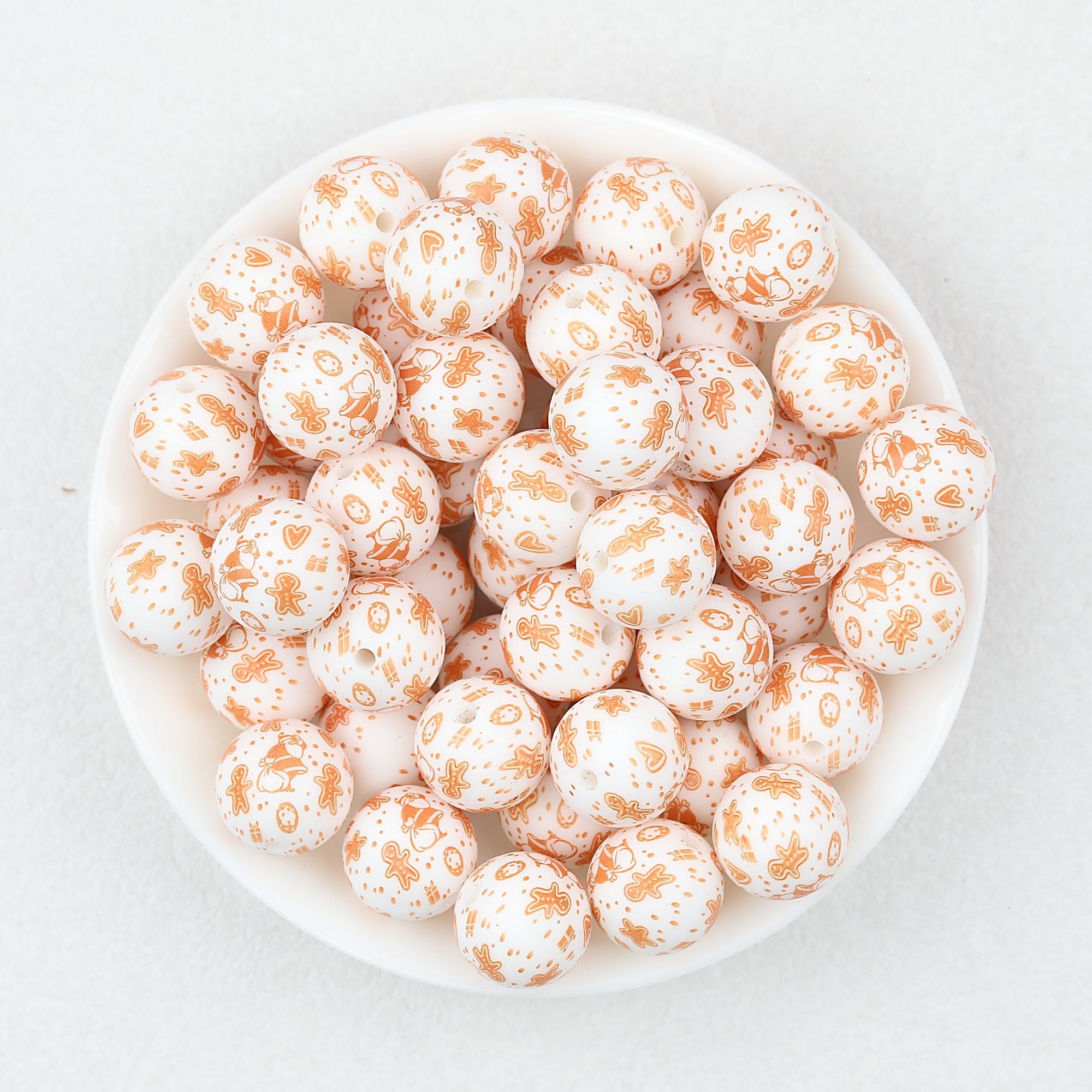 Christmas Theme 15mm Printed Silicone Round Beads 50pcs - Orange Santa