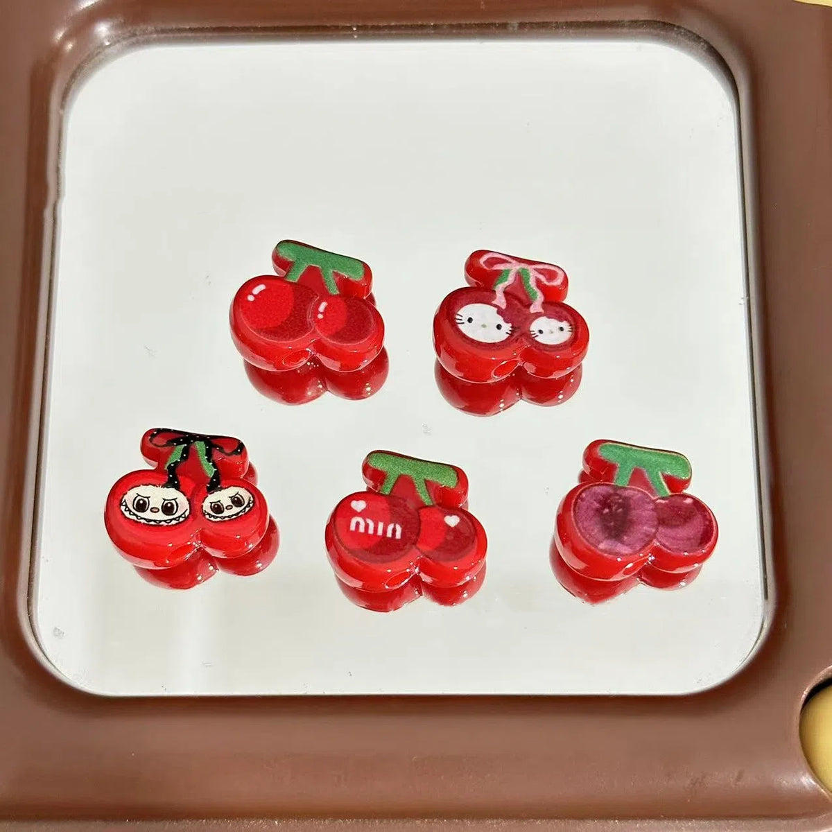Painted Cherry Acrylic Beads 18mm Baking Labub Kitty Pattern 10pcs
