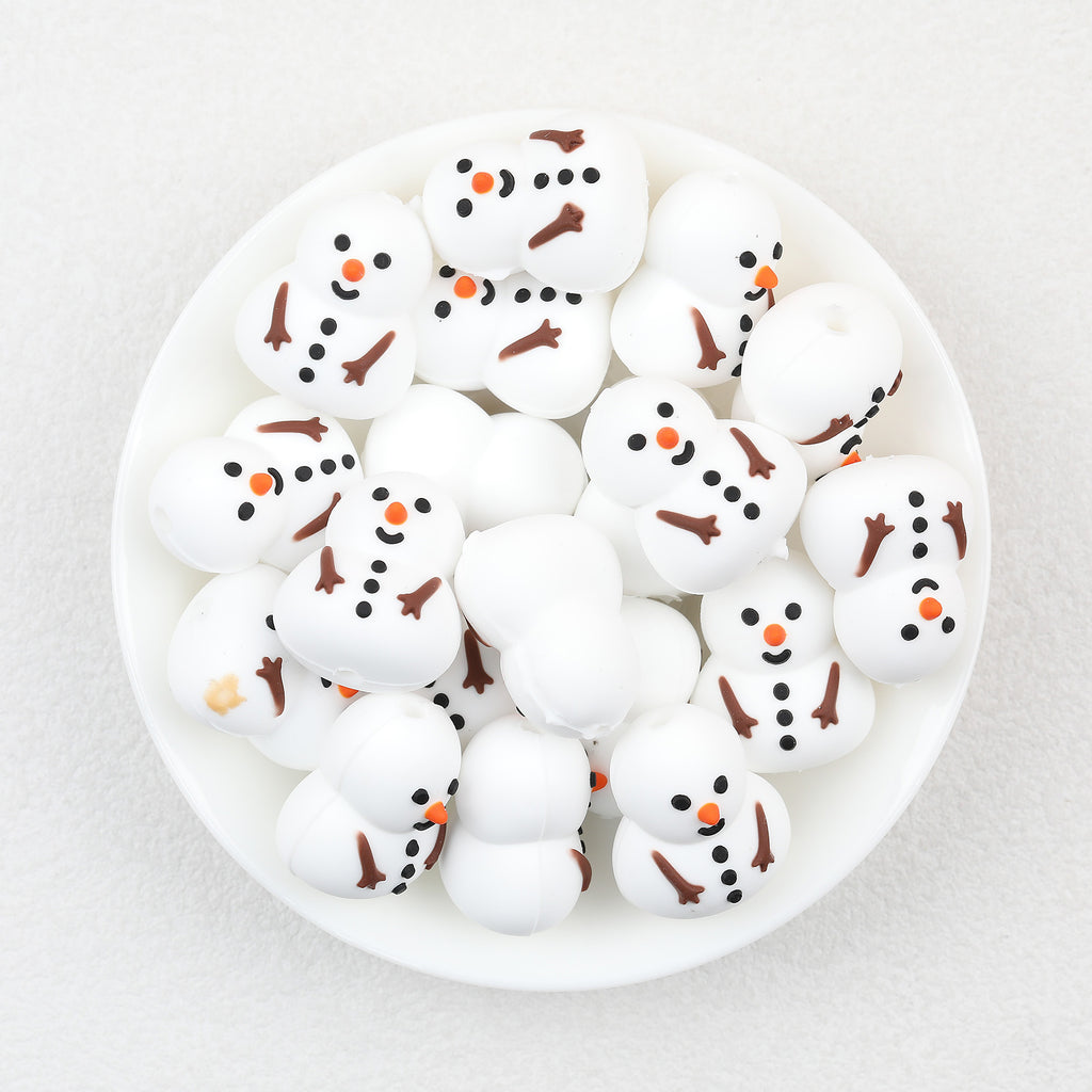 Snowman Christmas 3D Silicone Focal Beads Wholesale, White Orange Noses Brown Arms