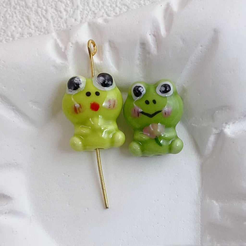 Hand Painted Frog Ceramic Beads 15mm Green Yellow Fruit 10pcs 2
