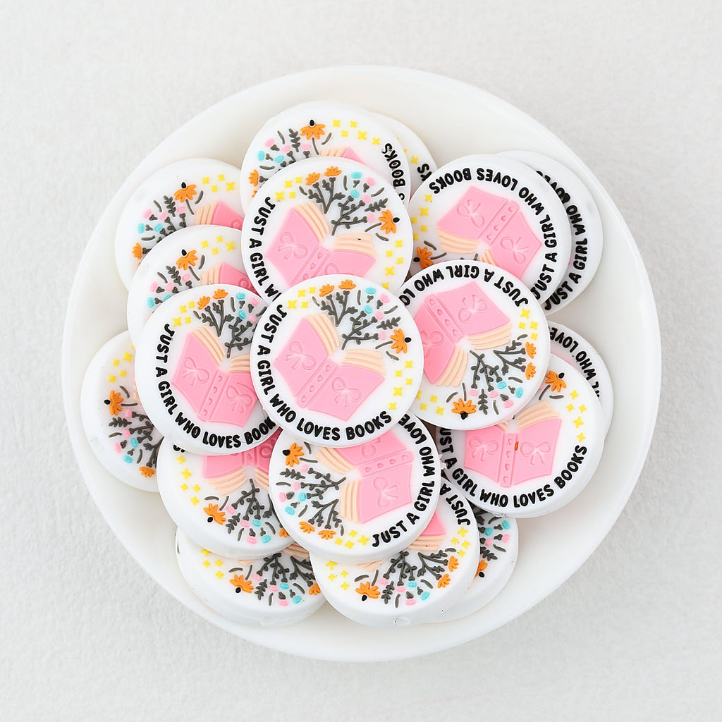 Silicone Focal Beads Just A Girl Who Loves Reading Pink Book Floral Text 20pcs