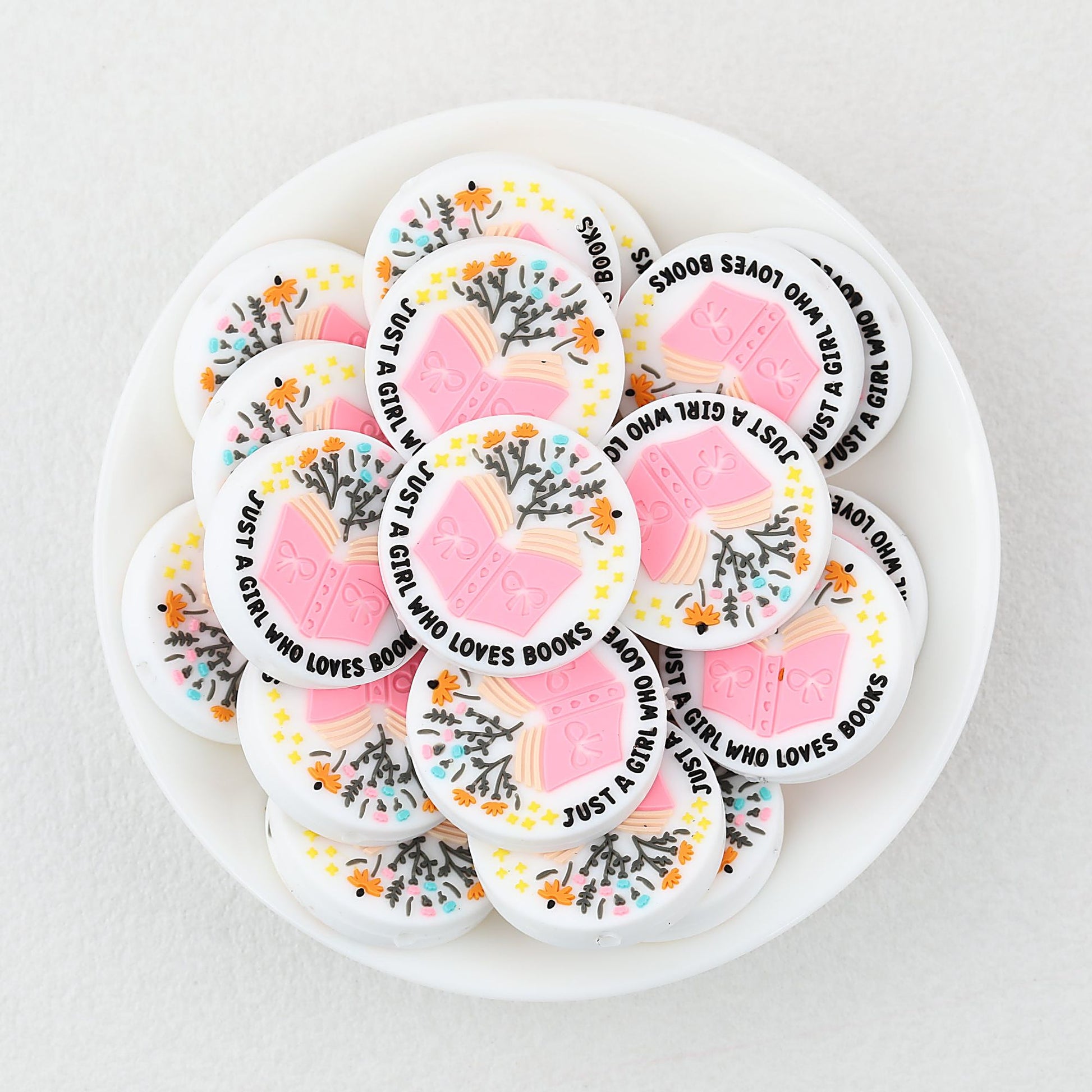Silicone Focal Beads Just A Girl Who Loves Reading Pink Book Floral Text 20pcs