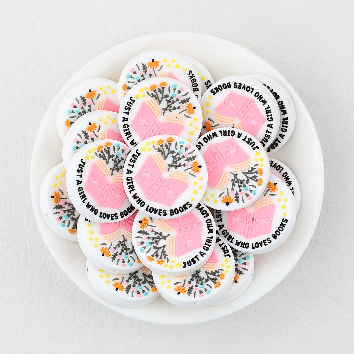 Silicone Focal Beads Just A Girl Who Loves Reading Pink Book Floral Text 20pcs