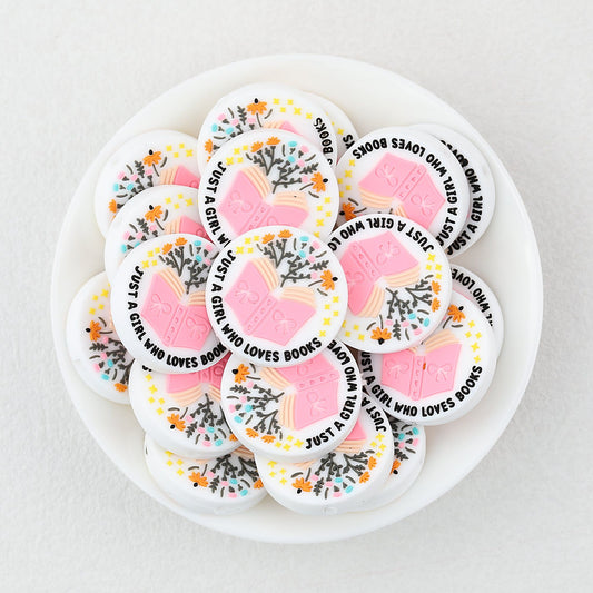 Silicone Focal Beads Just A Girl Who Loves Reading Pink Book Floral Text 20pcs