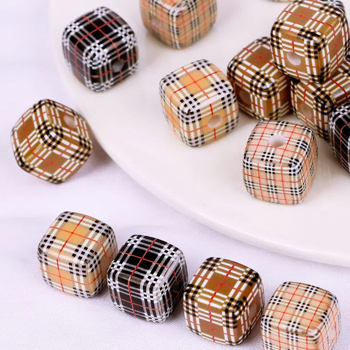 Burberry Style Printed Acrylic Square Beads 14mm 40pcs