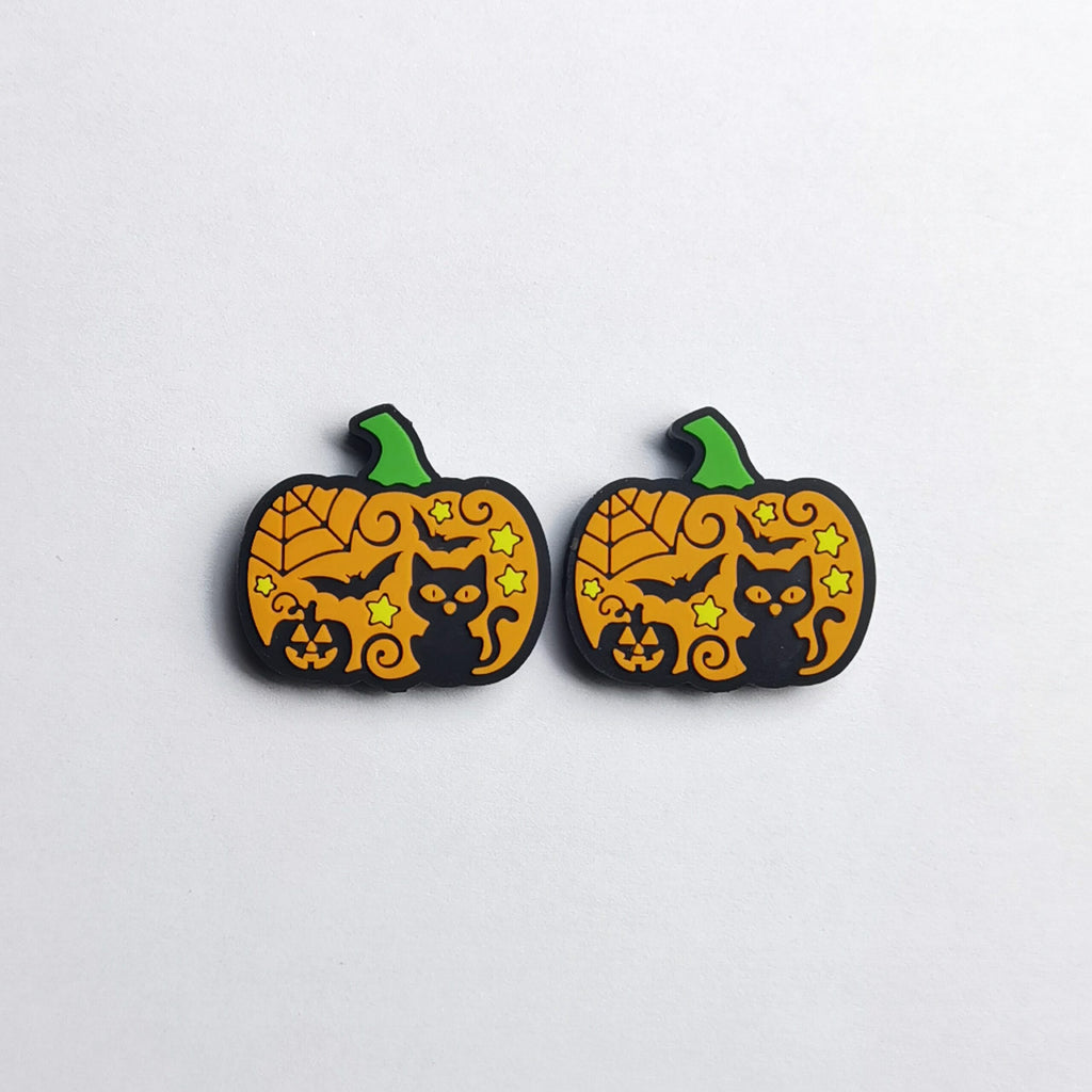 Silicone Focal Beads Halloween Pumpkin With Cats And Bats 20pcs