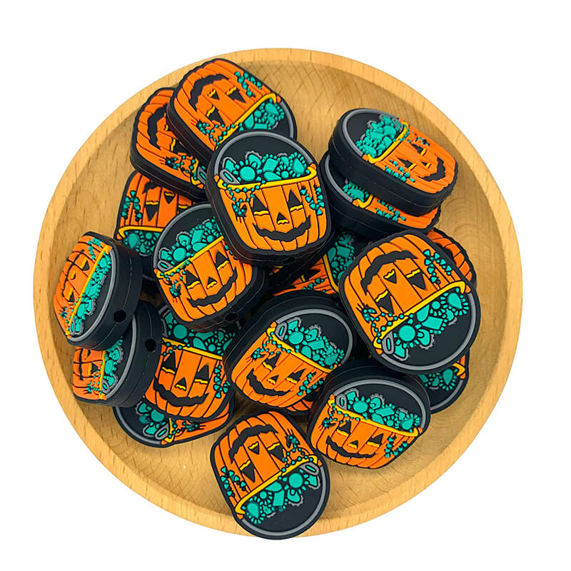 Silicone Focal Beads Halloween Pumpkin Basket Filled with Turquoise Items 1 pcs 2