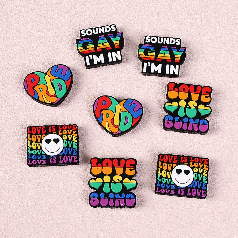 Silicone Focal Beads Rainbow Pride Bold Typography Hearts 20pcs