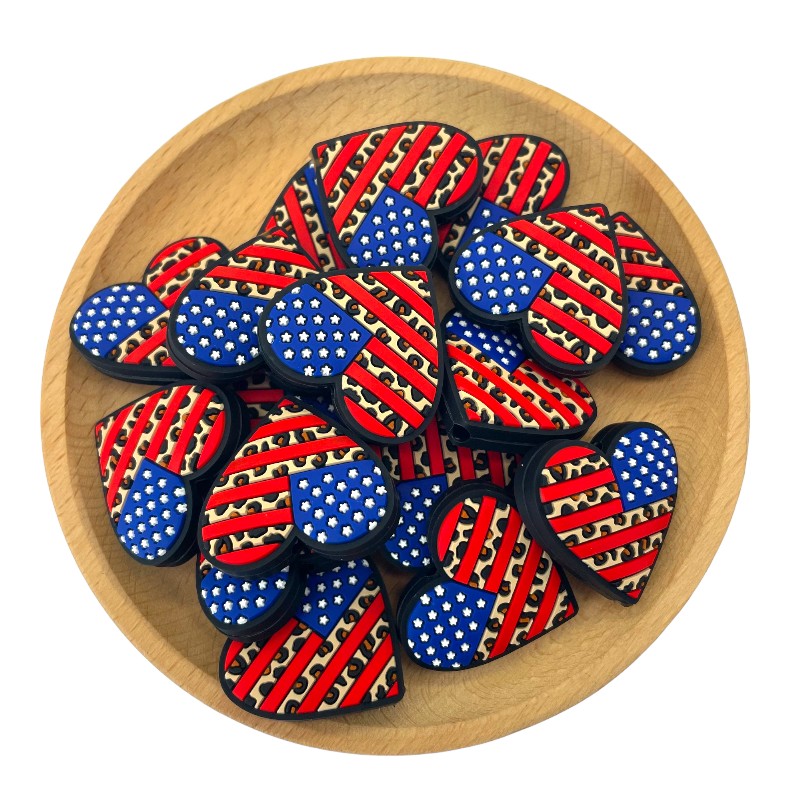 Silicone Focal Beads Independent Day US Heart American Flag Leopard Print 20pcs 2