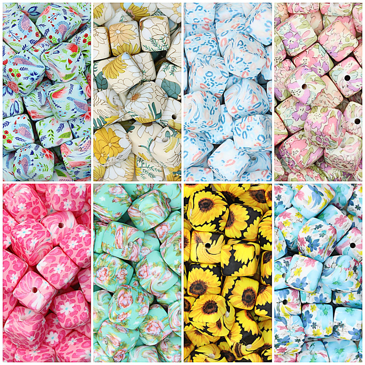 Floral Pattern 13.5mm Square Silicone Beads Printed Design 50pcs