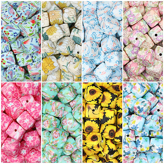Floral Pattern 13.5mm Square Silicone Beads Printed Design 50pcs
