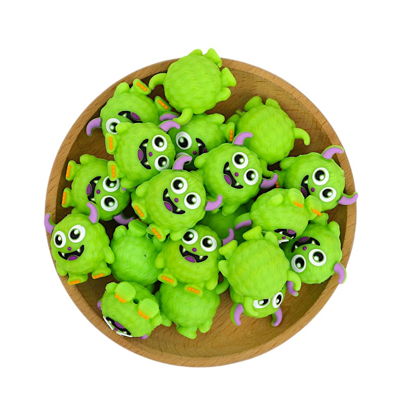 Silicone 3D Focal Beads Green Monster Textured Fur Purple Horns 20pcs 3