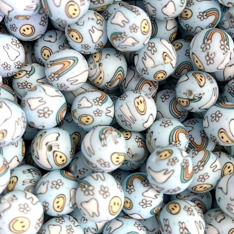 15mm Silicone Beads Rainbow Clouds Flower Print 50pcs