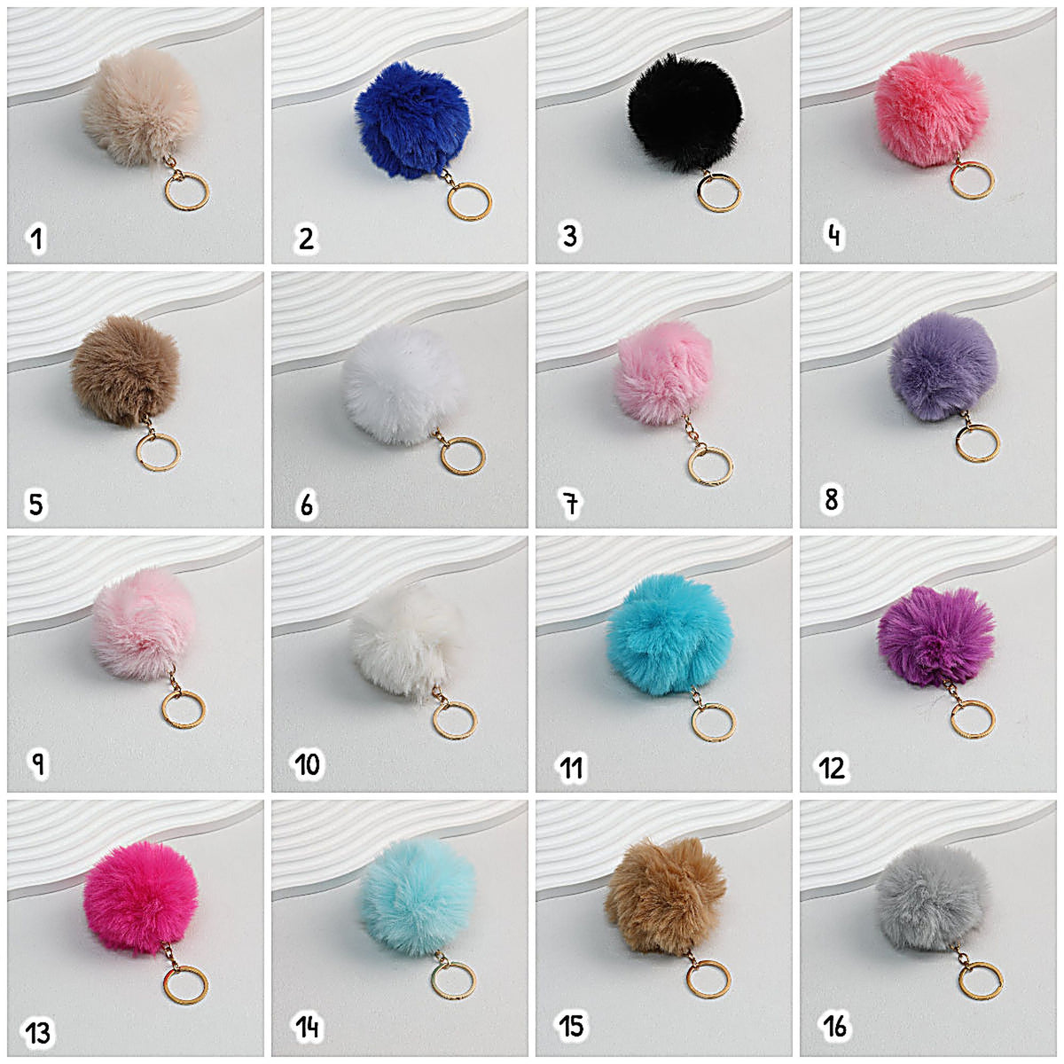 Pom Pom Keychain Plush Violet Faux Fur Ball Gold Ring 8cm