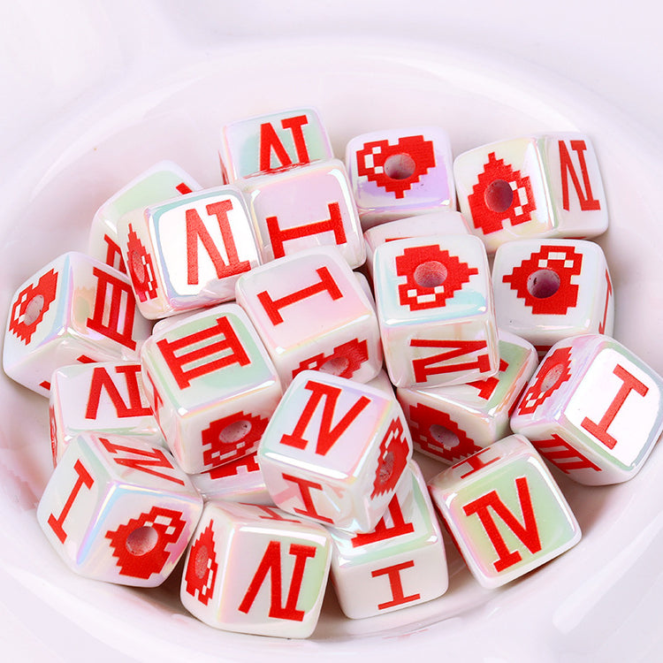 Plated Heart Pattern Acrylic Square Beads 16mm Glossy White Red 10pcs 3