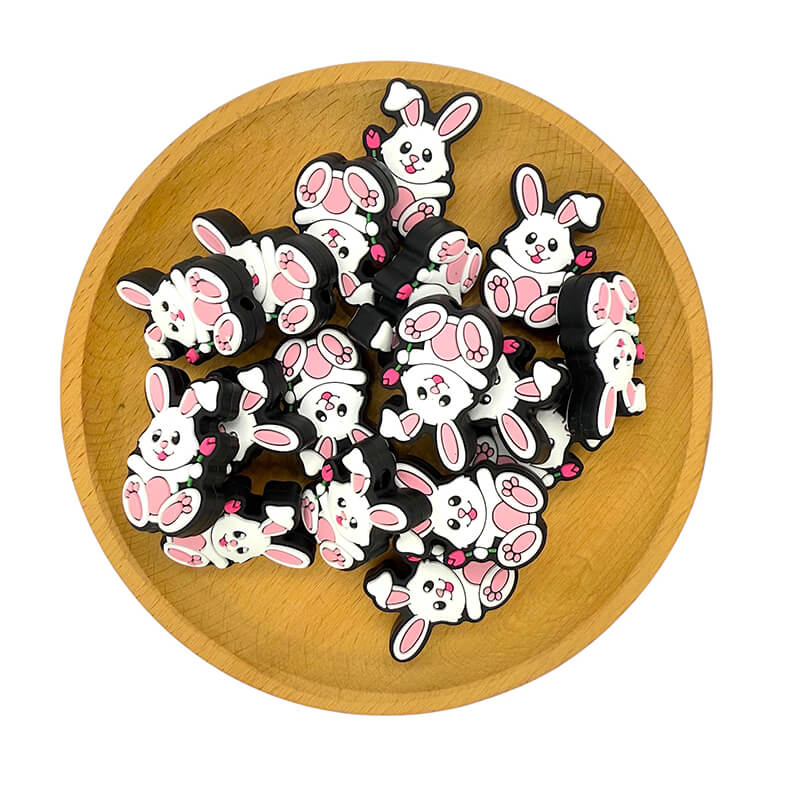 Silicone Focal Beads Easter Rose Rabbit Holding Pink Rose 2