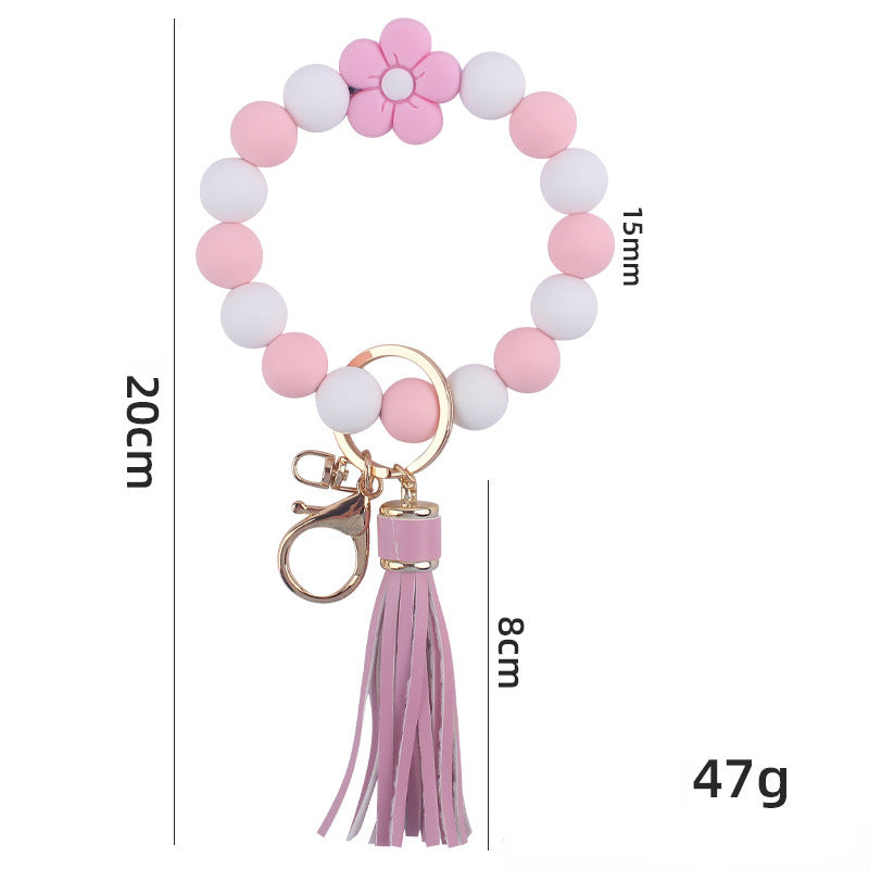 Colorful Flower Silicone Bead Wristlet Keychain with Leather Tassel 5