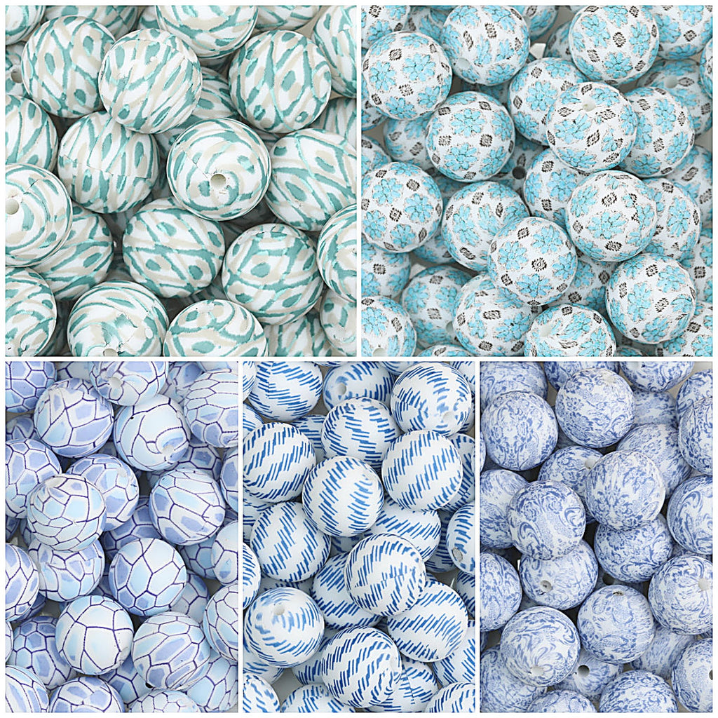 15mm Patterned Silicone Round Beads Geometric Printed Designs 50pcs