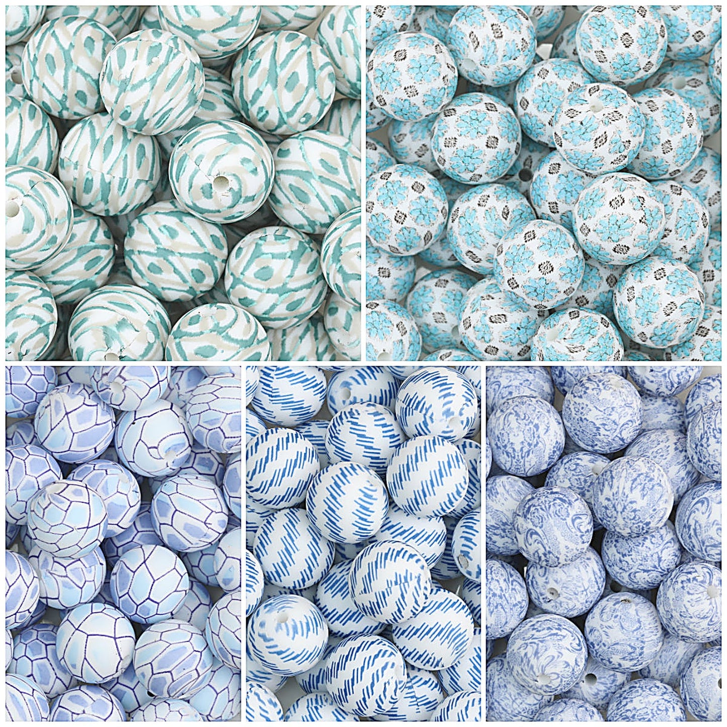 15mm Patterned Silicone Round Beads Geometric Printed Designs 50pcs