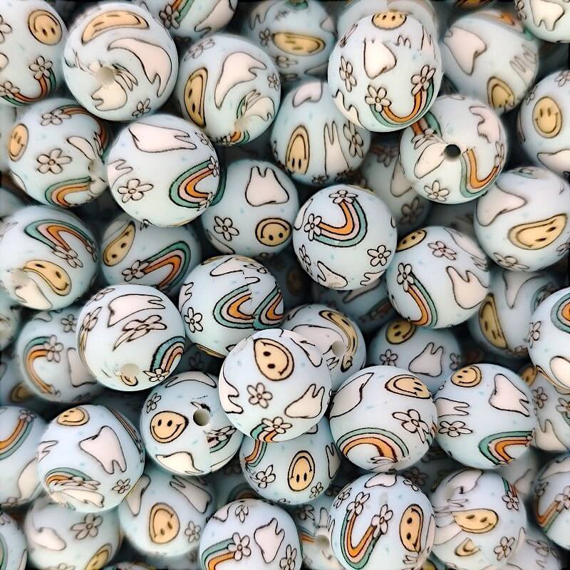 15mm Silicone Beads Blue Smiling Flower Rainbow Print 50pcs