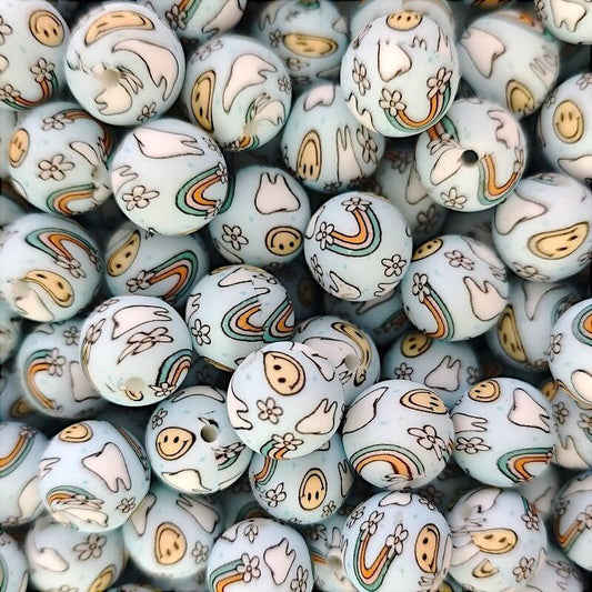 15mm Silicone Beads Blue Smiling Flower Rainbow Print 50pcs
