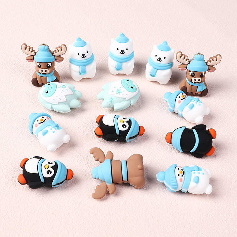 Silicone 3D Focal Beads Winter Theme Polar Bear Snow Monster Wearing Hats 20pcs 2