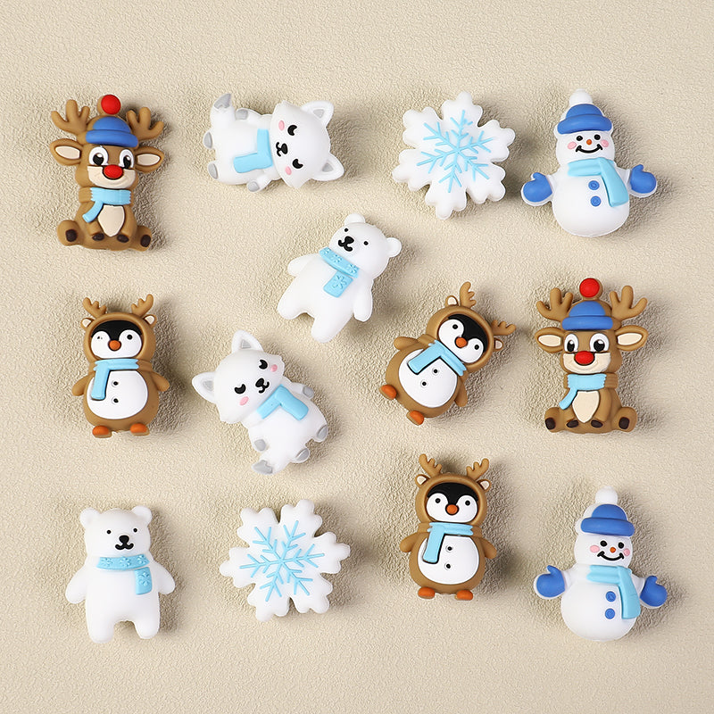 3D Winter Animal Silicone Focal Beads 20 Pcs with Reindeer Snowman Penguin