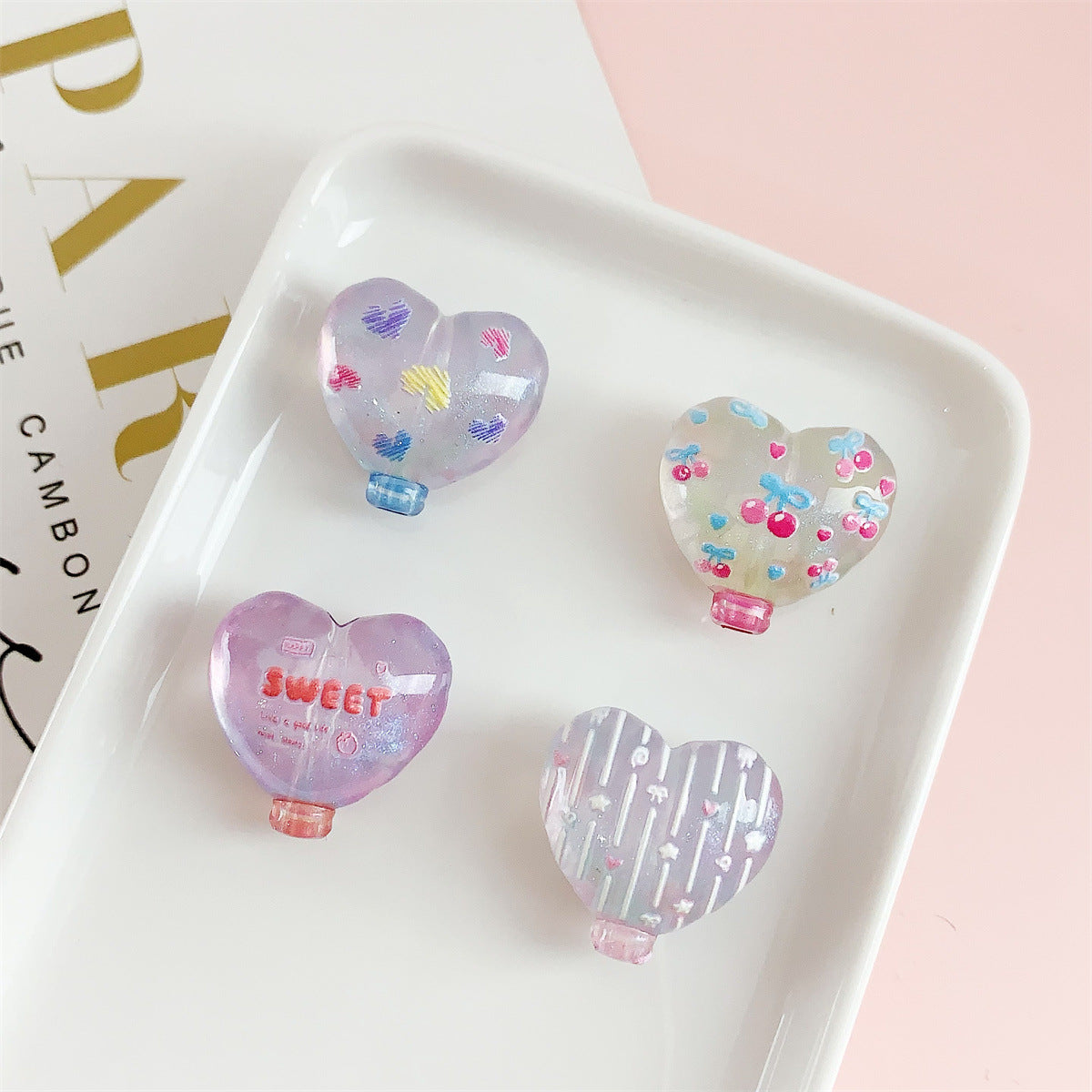 Decorative Heart Shaped 22mm Acrylic Beads with Double Sided Cherry Print 10pcs 3