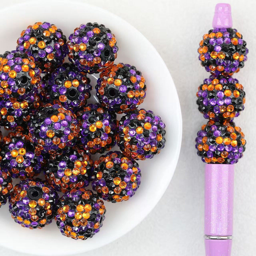 Black Purple Orange Rhinestone Resin Beads Wholesale, Halloween Confetti Bubblegum Round Design, 20mm