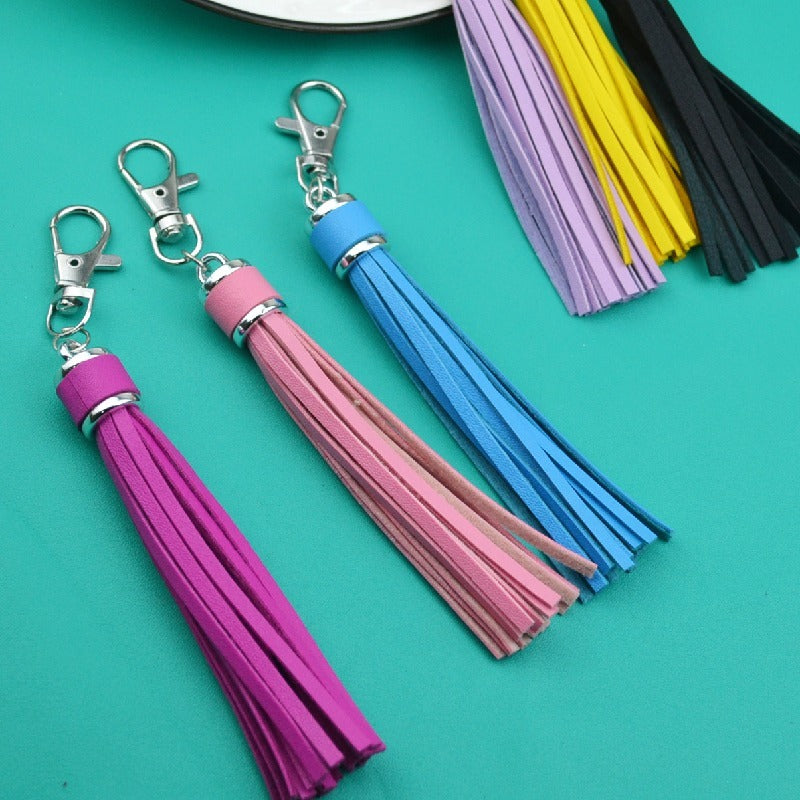 PU Leather Tassel Keychain 9cm Strips Silver Lobster Clasp 3