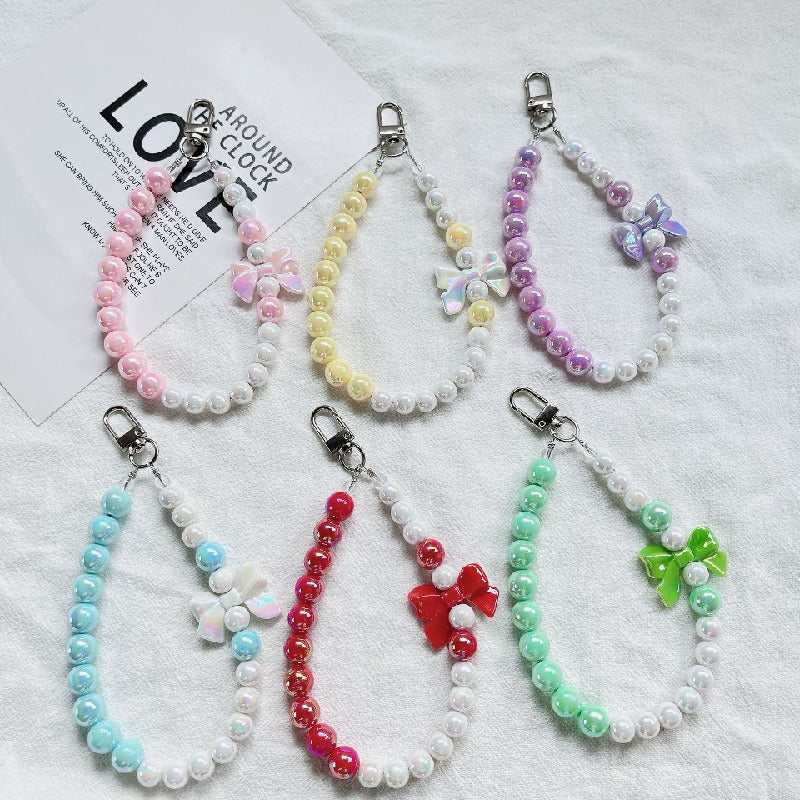 Acrylic Beaded Bow Keychain Colorful Glossy Pearl Accents