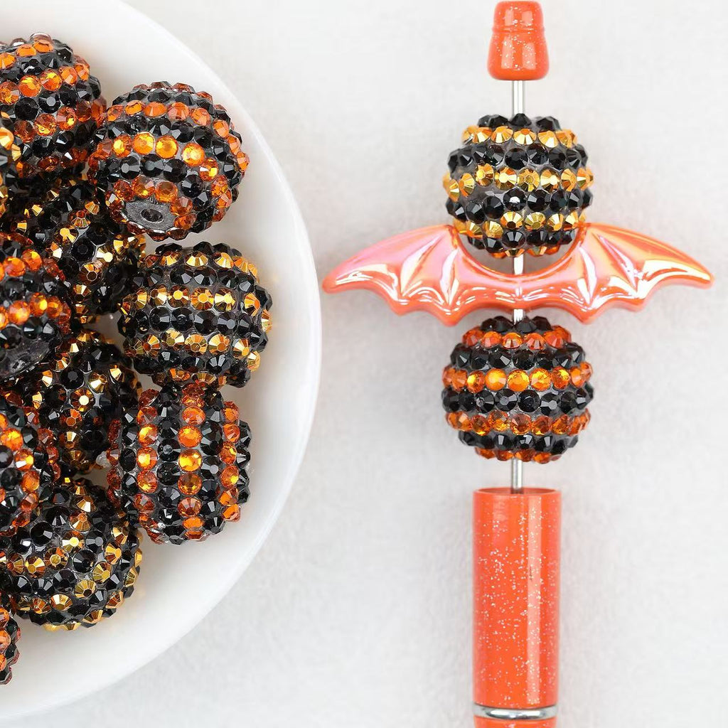 Striped Resin Rhinestone Bubblegum Beads Wholesale, Halloween Black Orange Gold Design, 20mm