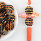 Striped Resin Rhinestone Bubblegum Beads Wholesale, Halloween Black Orange Gold Design, 20mm