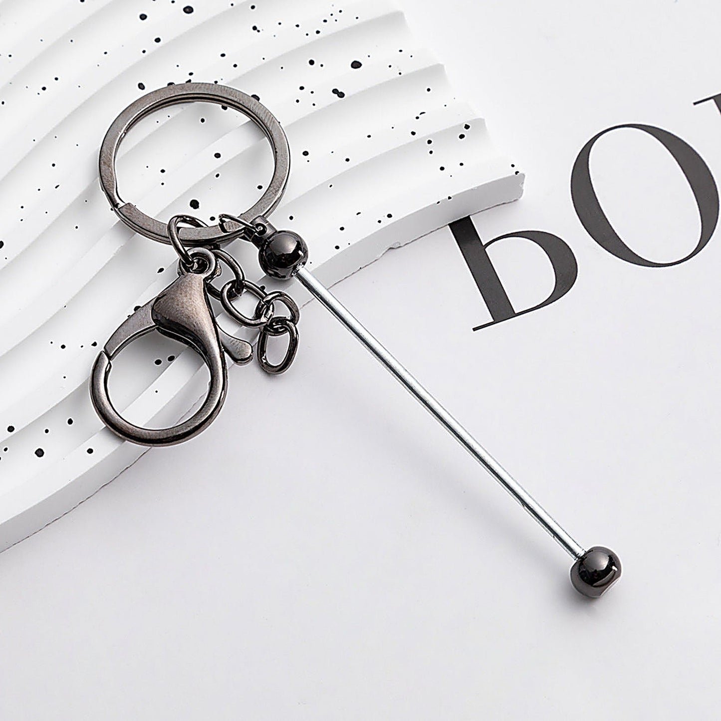 Beadable Keychain Bar Metal Slender Shaft Polished Ball Lobster Clasp - Electroplating gun Gray