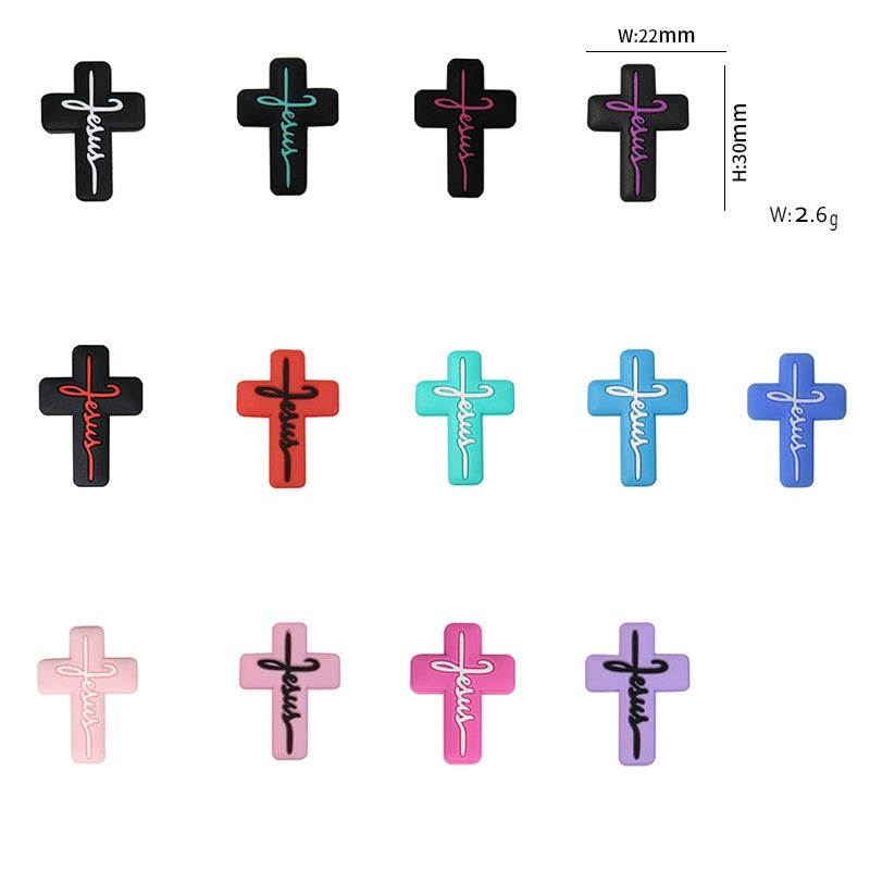 Silicone Focal Beads Jesus Cross Black White Script Text 20pcs