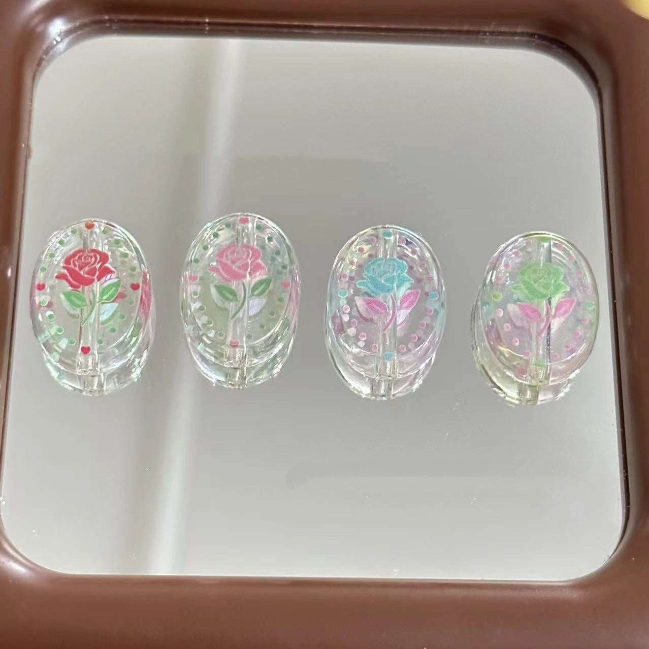 Transparent Oval Acrylic Beads 21mm Rose Pattern 10pcs